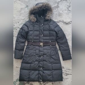 DKNY Gray Quilted Down Long Puffer Coat with Detachable Faux Fur Hood Size XS